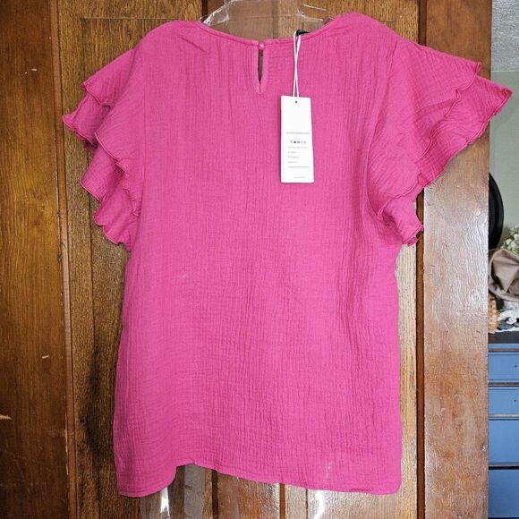 Dokotoo Fushia Rose Women's  Medium Short Ruffled Sleeve 100% Cotton Shirt New - Picture 2 of 10